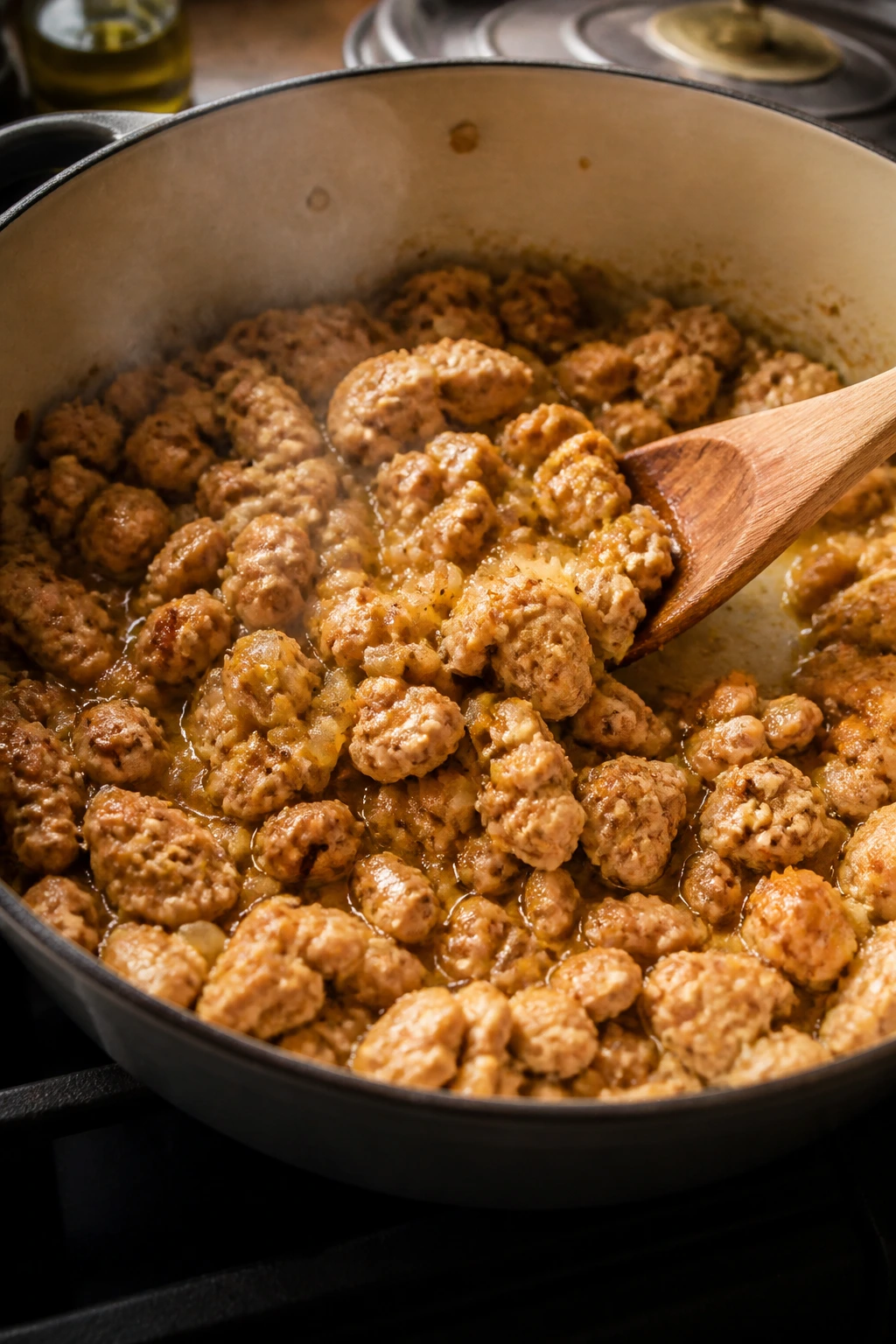 Close-up of browned turkey cooking with onions and garlic on a stove