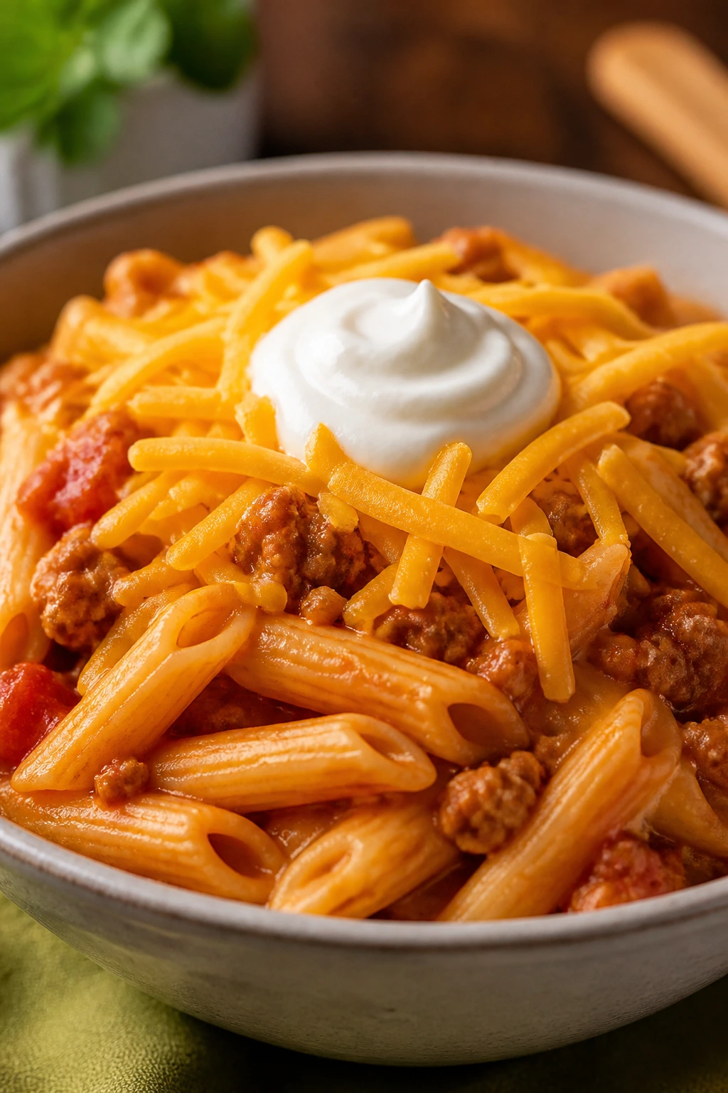 Close-up of turkey taco pasta with salsa and cheddar