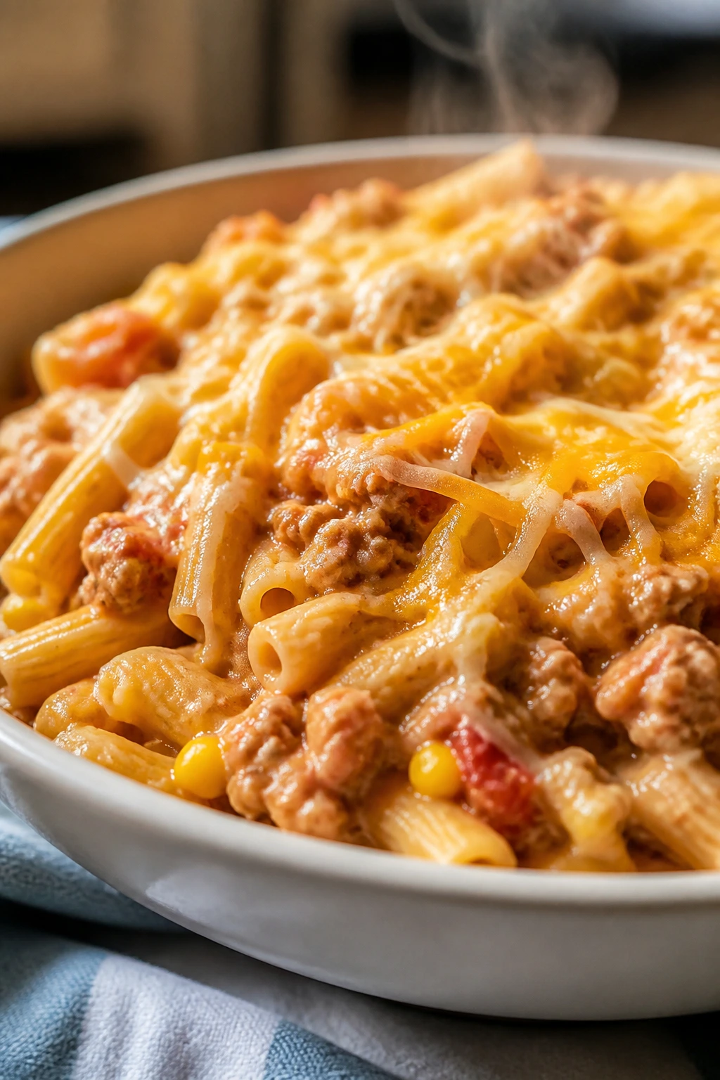 Bowl of turkey taco pasta with corn and cheddar