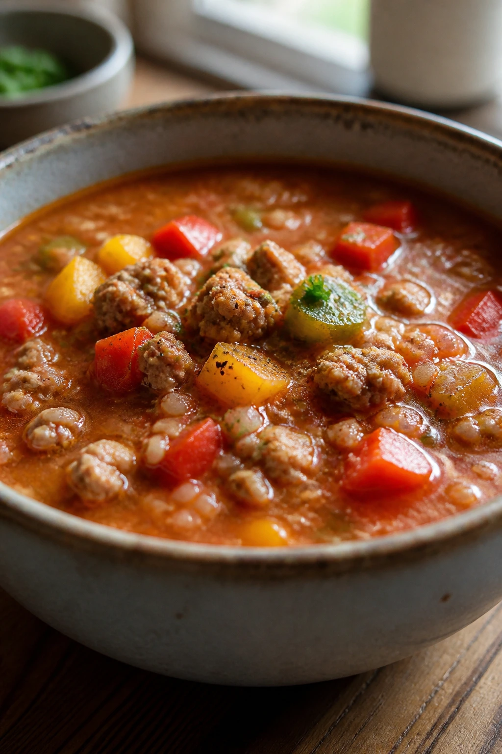 Steaming bowl of bell pepper soup with ground turkey