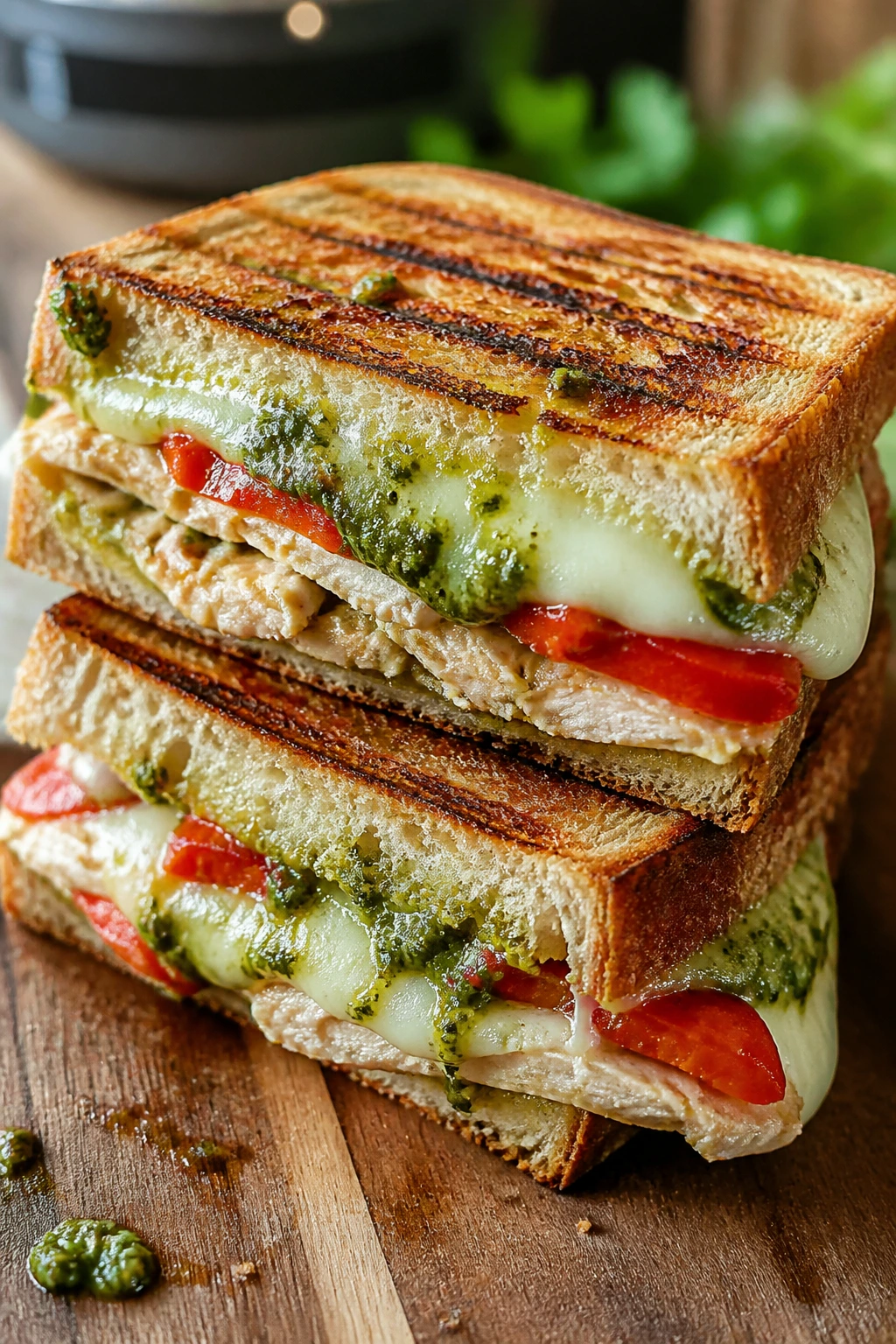 Close-up of turkey pesto mozzarella melt on toasted bread with roasted peppers