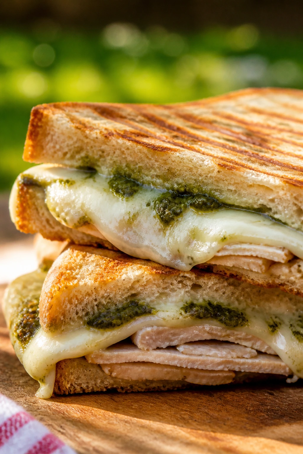 Close-up of a pressed turkey pesto mozzarella panini showing melted cheese