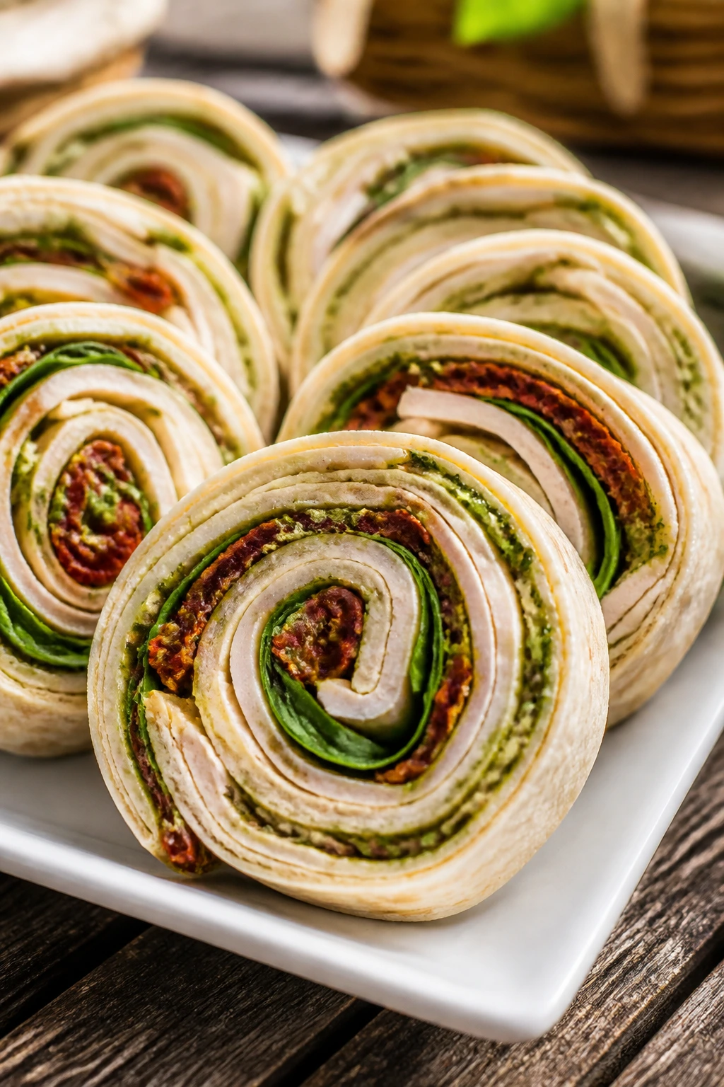 Close-up of turkey pesto pinwheels on a plate outdoors