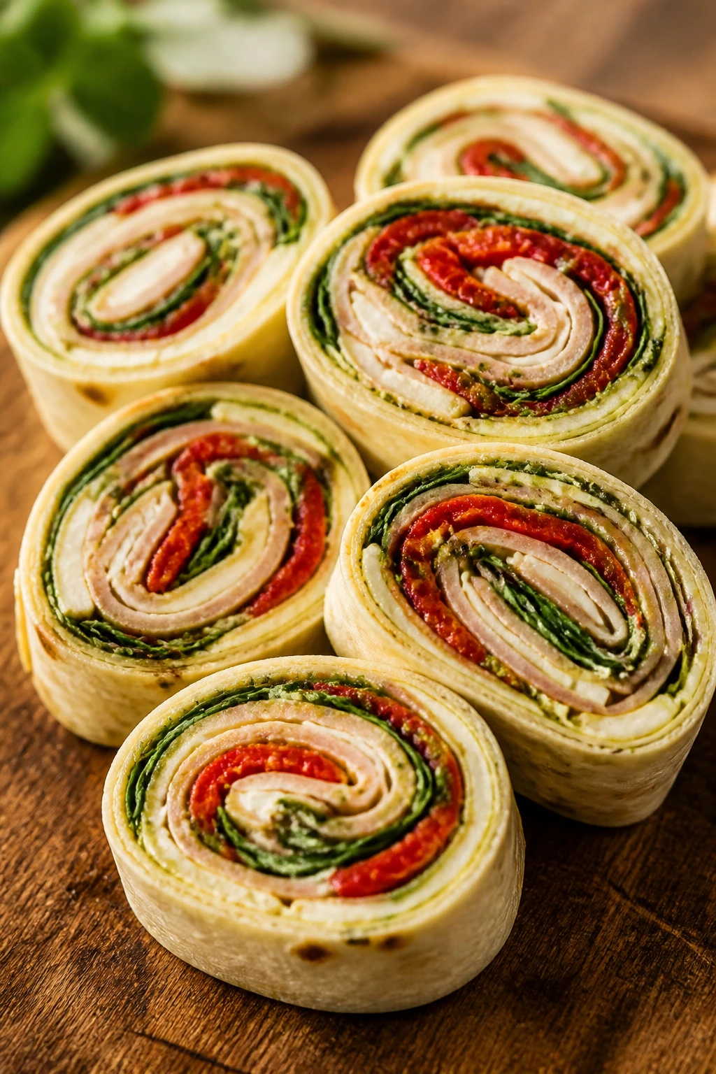 Turkey pesto pinwheels sliced to show spiral filling on a wooden board