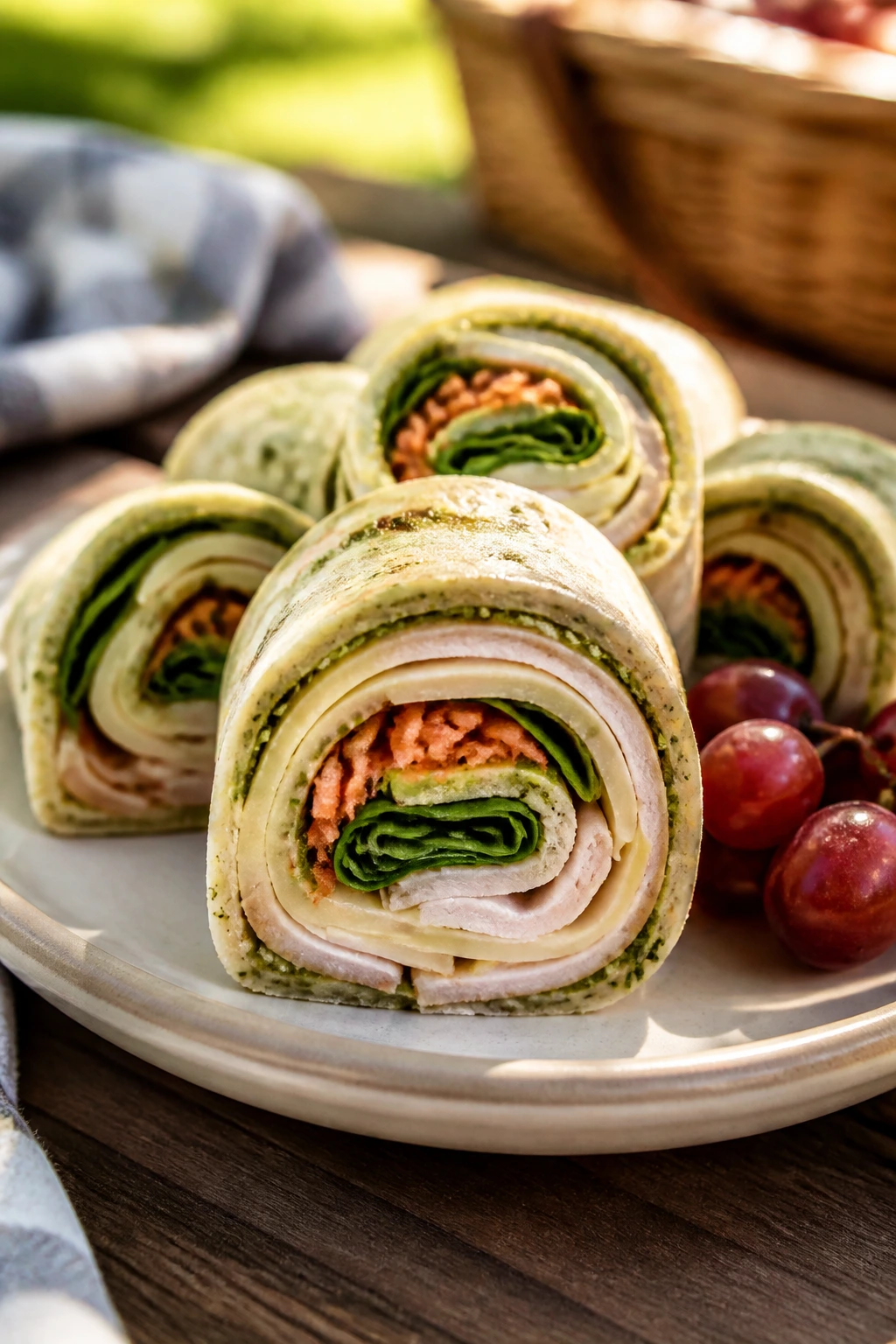 Cross-section of turkey, Swiss, and pesto tortilla roll-up on a plate