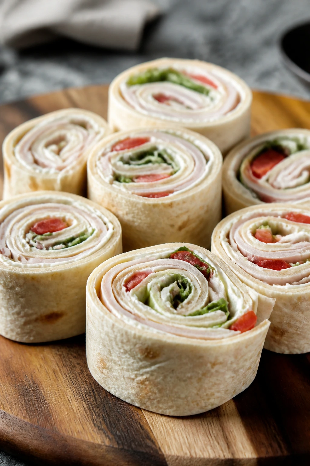 Close-up of neatly sliced turkey pinwheel roll-ups on a wooden board