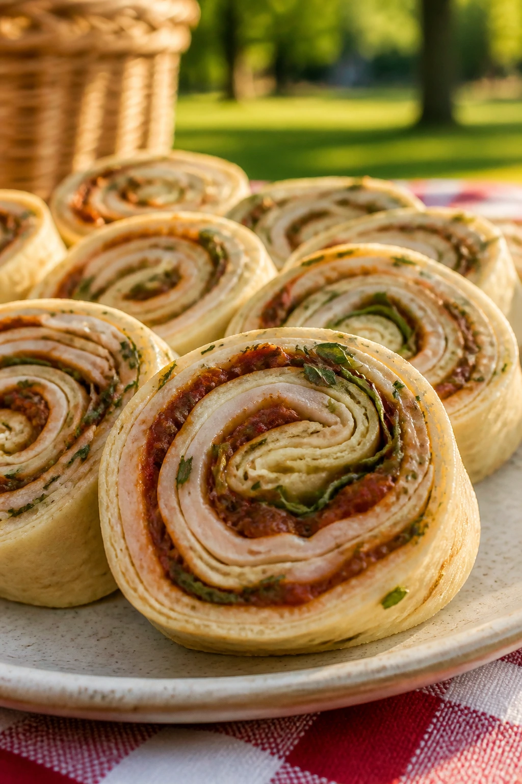 Close-up of sliced turkey pinwheels with sun-dried tomato spread on a picnic plate