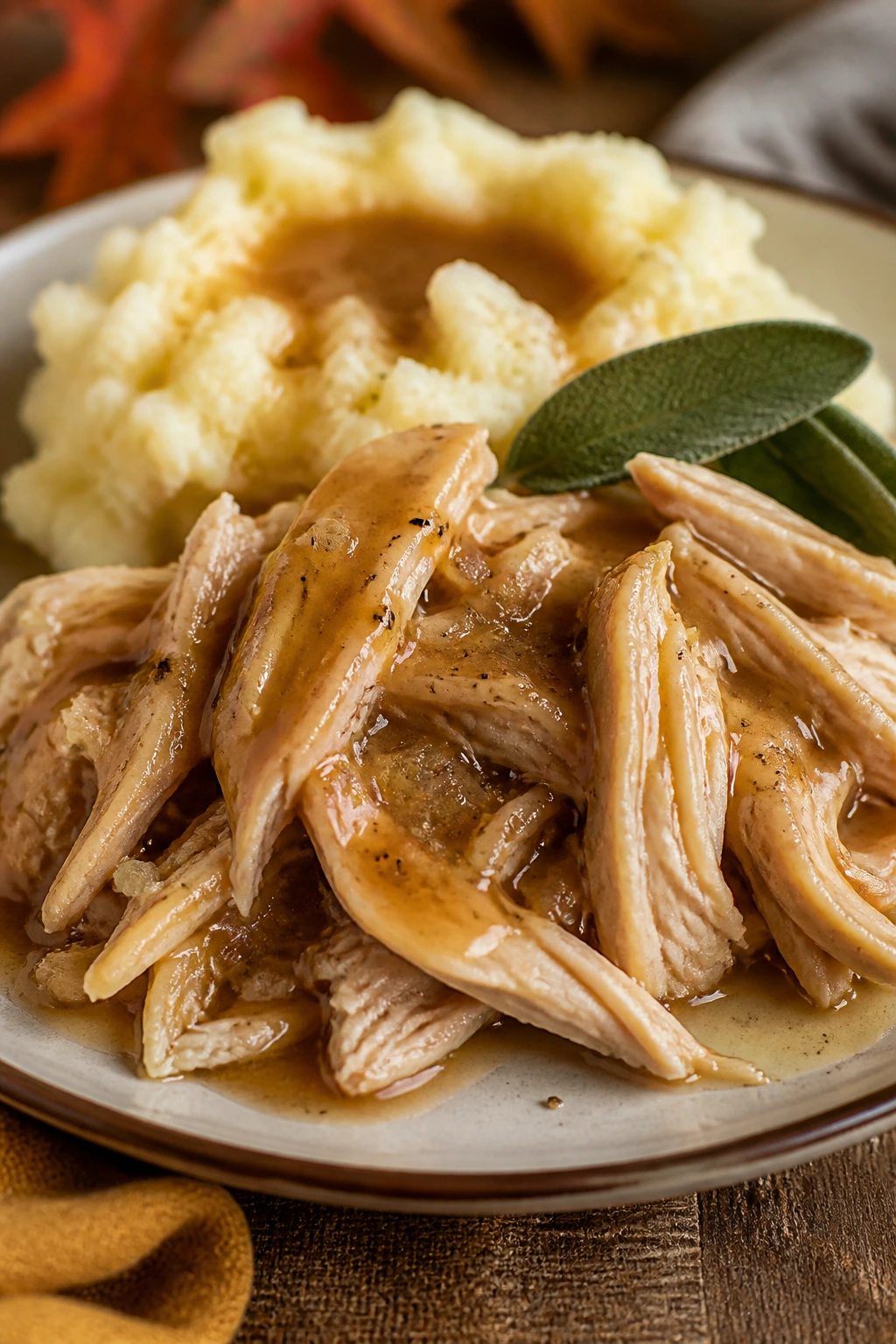 Plate of turkey with gravy and mashed potatoes on a rustic table