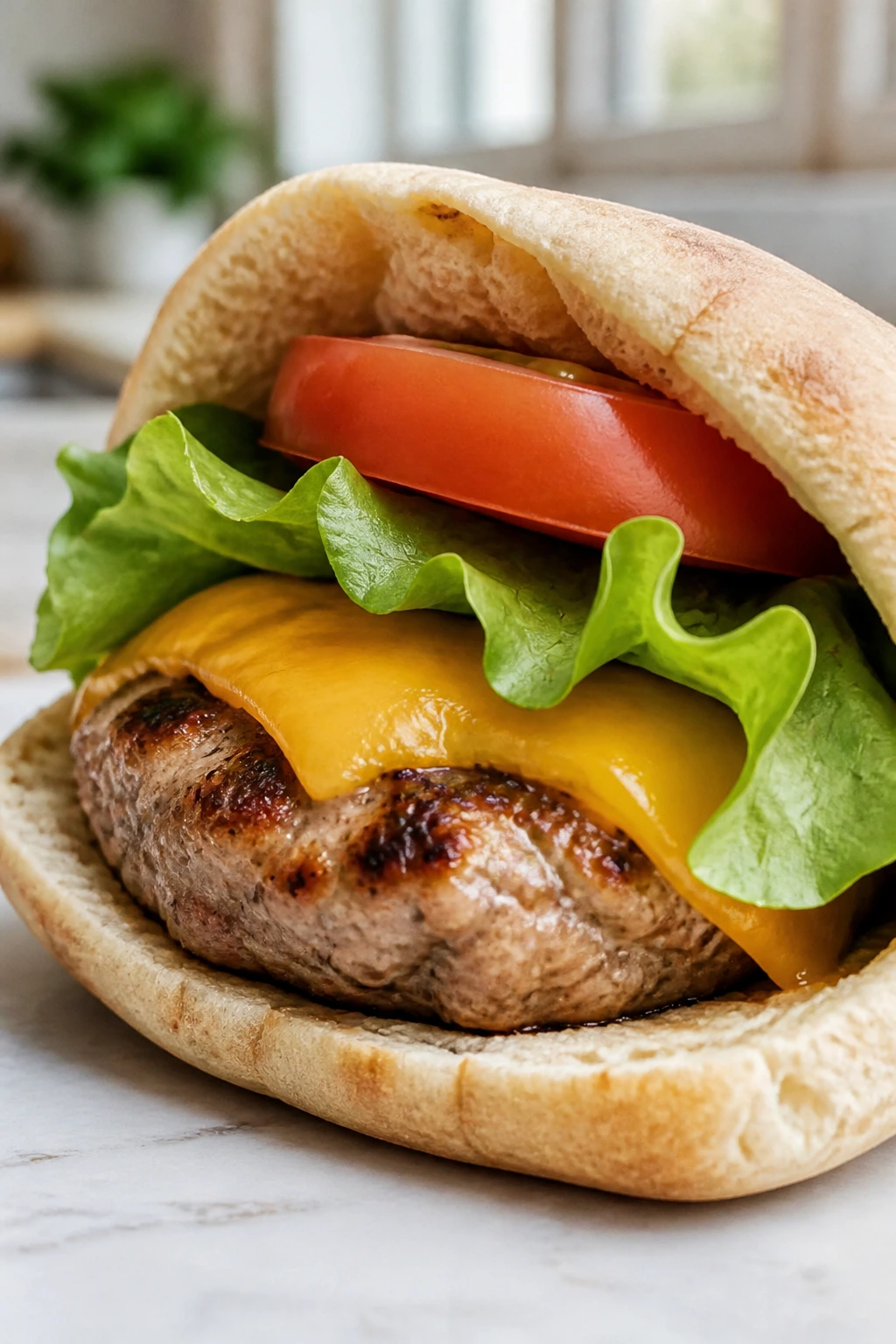 Close-up of a mini turkey burger pocket with fillings