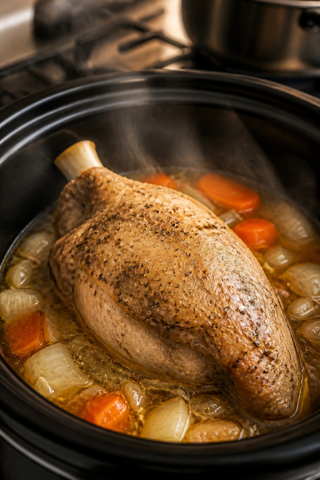 Turkey breast simmering with aromatics on stove