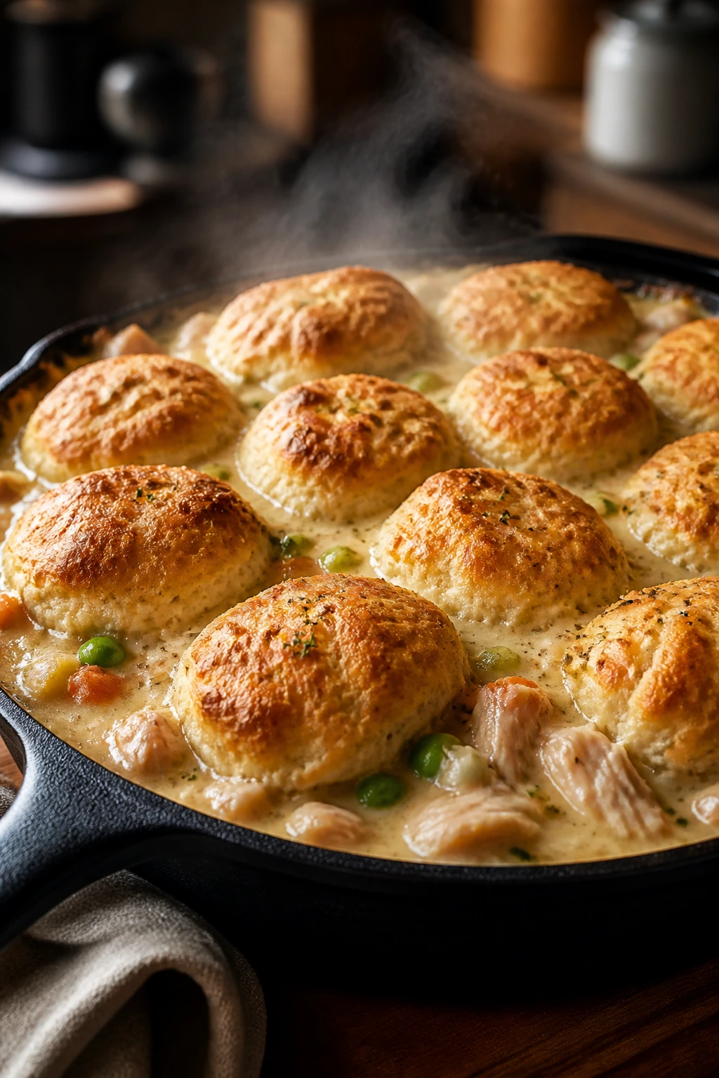 Turkey pot pie with biscuit dumplings in a cast-iron dish