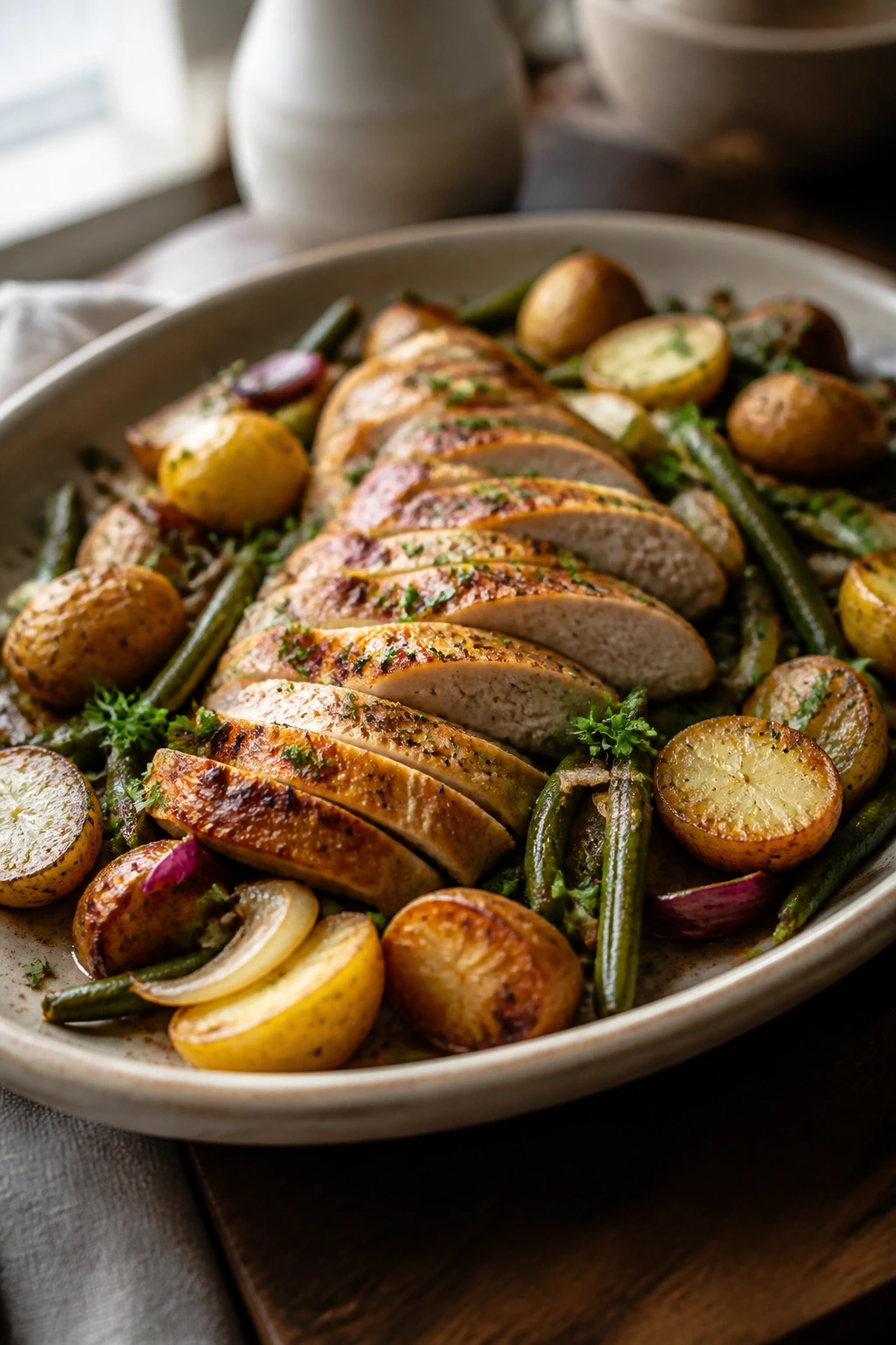 Close-up of turkey with potatoes and vegetables on a warm platter garnished with parsley