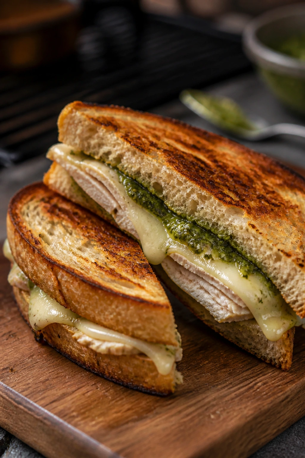 Pesto turkey and provolone toastie on rustic bread