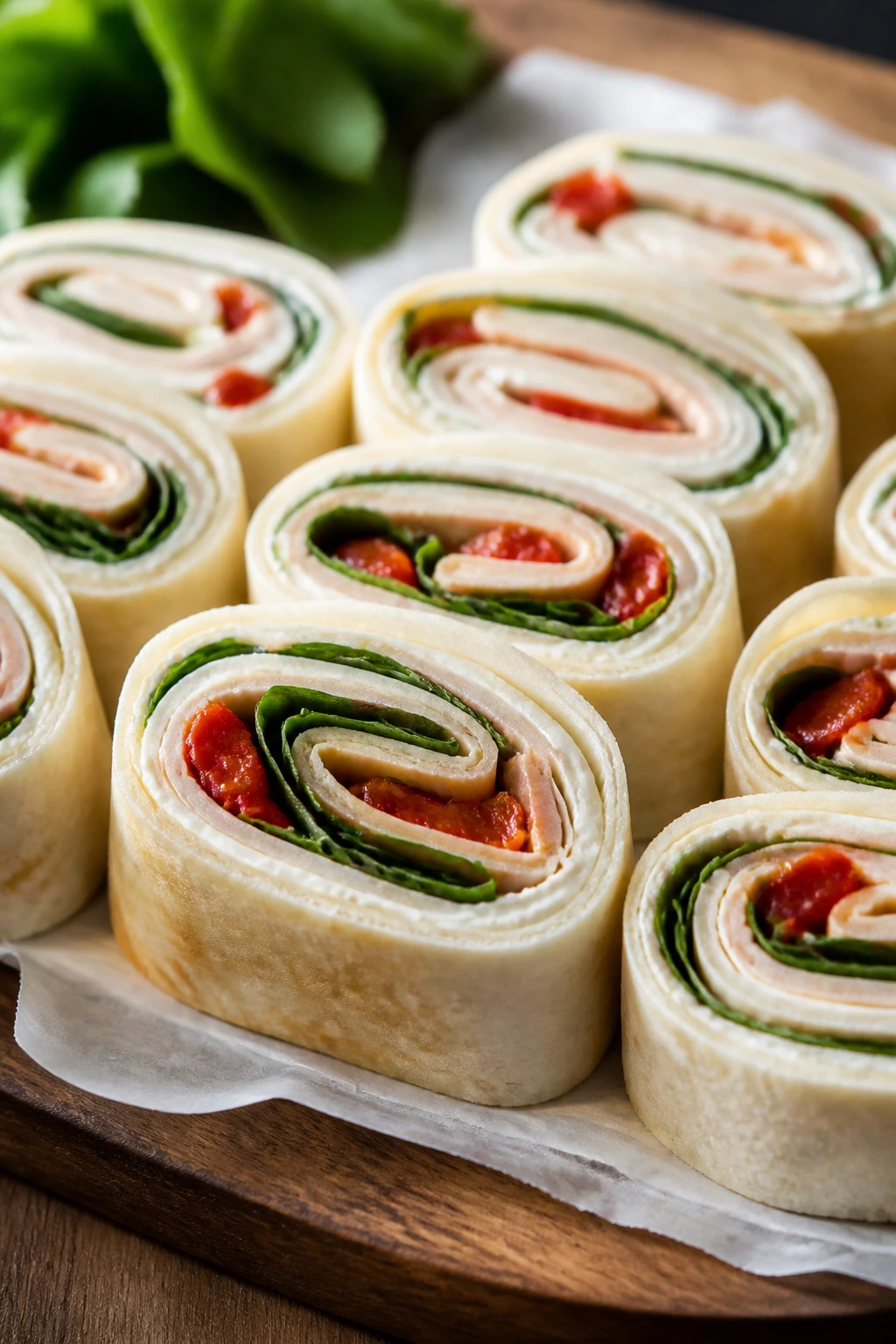 Close-up of turkey provolone pinwheels on a platter