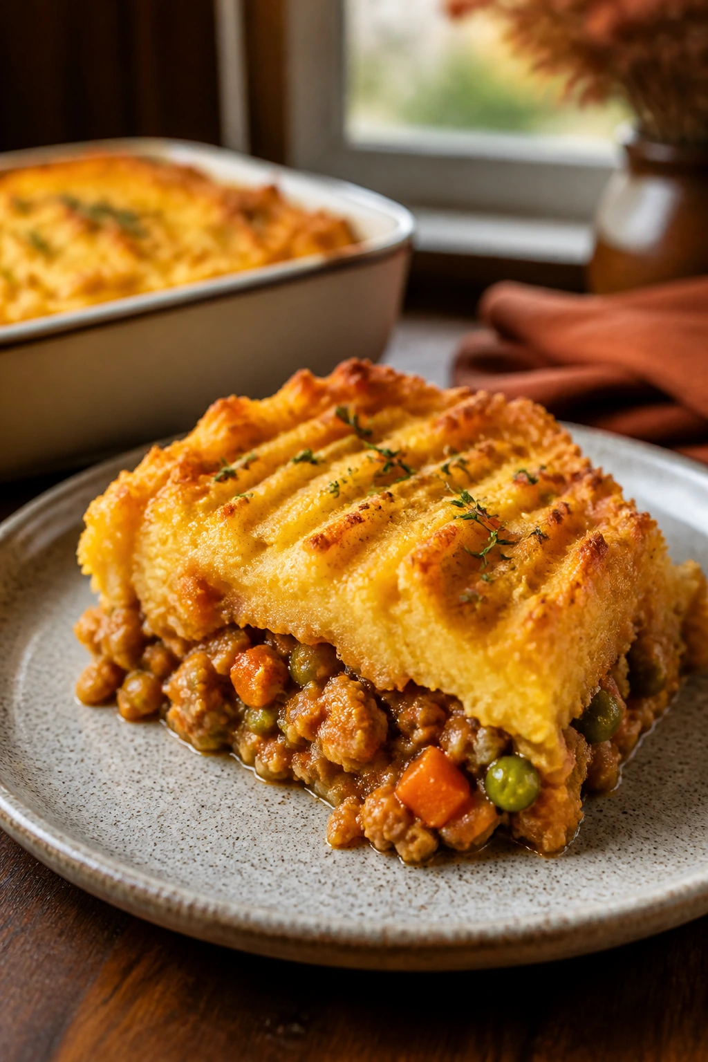 Plated slice of turkey pumpkin shepherd's pie with ridged mashed potato topping.