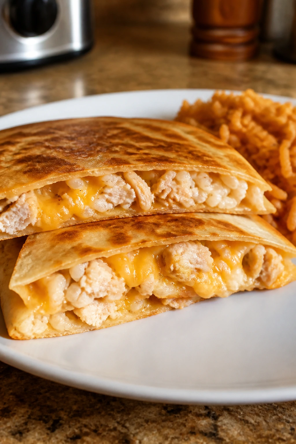 Cross-sectioned turkey quesadilla with rice filling on a plate