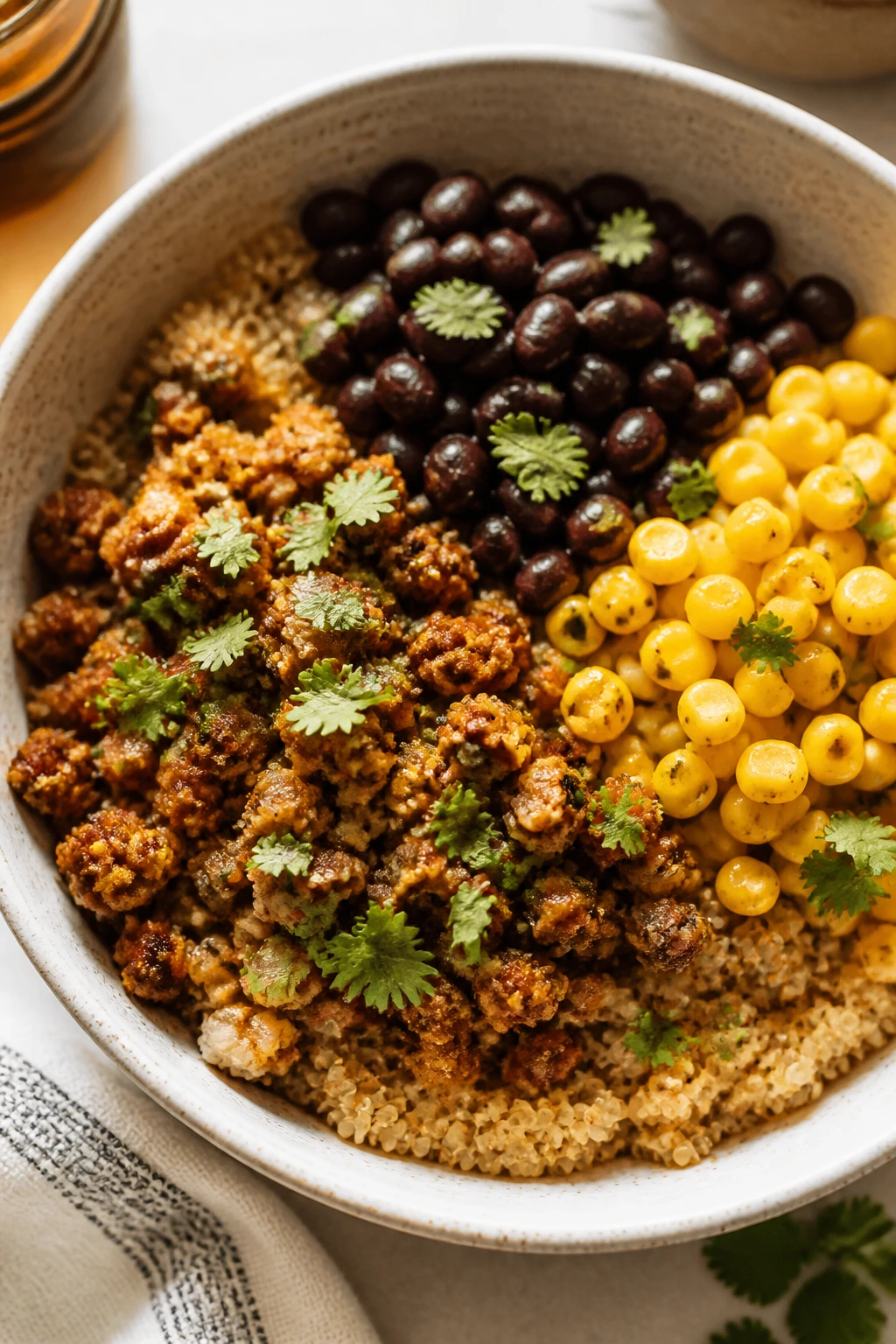 Close-up of a Turkey Taco Quinoa Bowl with black beans and corn in a sunny kitchen.