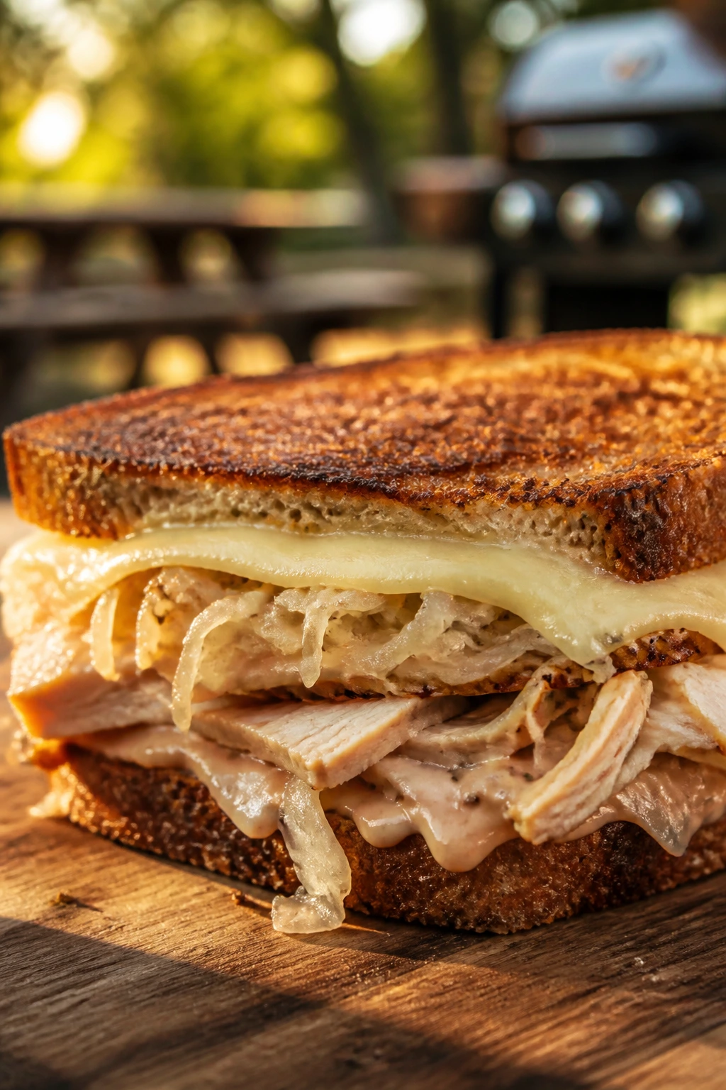 Close-up of a toasted Turkey Reuben with Swiss cheese and sauerkraut on rye