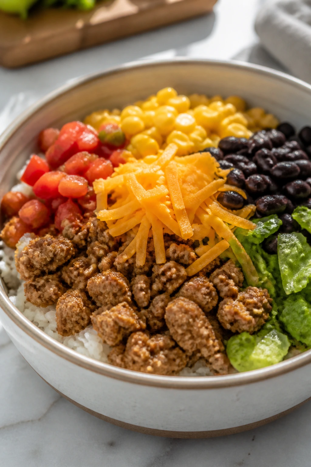 Colorful turkey taco rice bowl with rice, turkey, beans, corn, and cheese