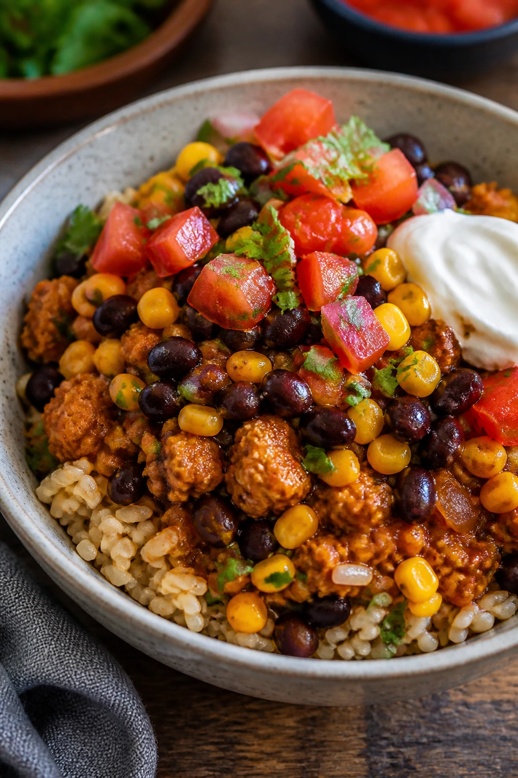 Turkey taco rice bowl with beans and corn