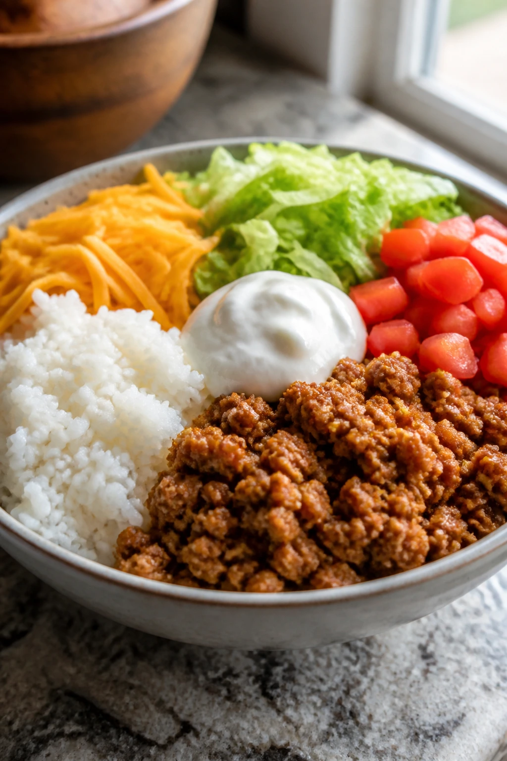 Close-up of turkey taco rice bowls with separated toppings on rice in a warm kitchen