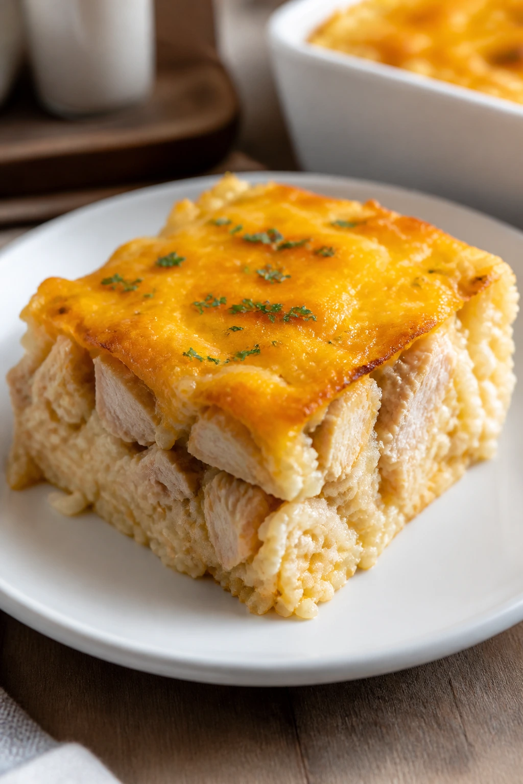 Close-up of a square slice of creamy turkey rice casserole on a white plate in a warm kitchen