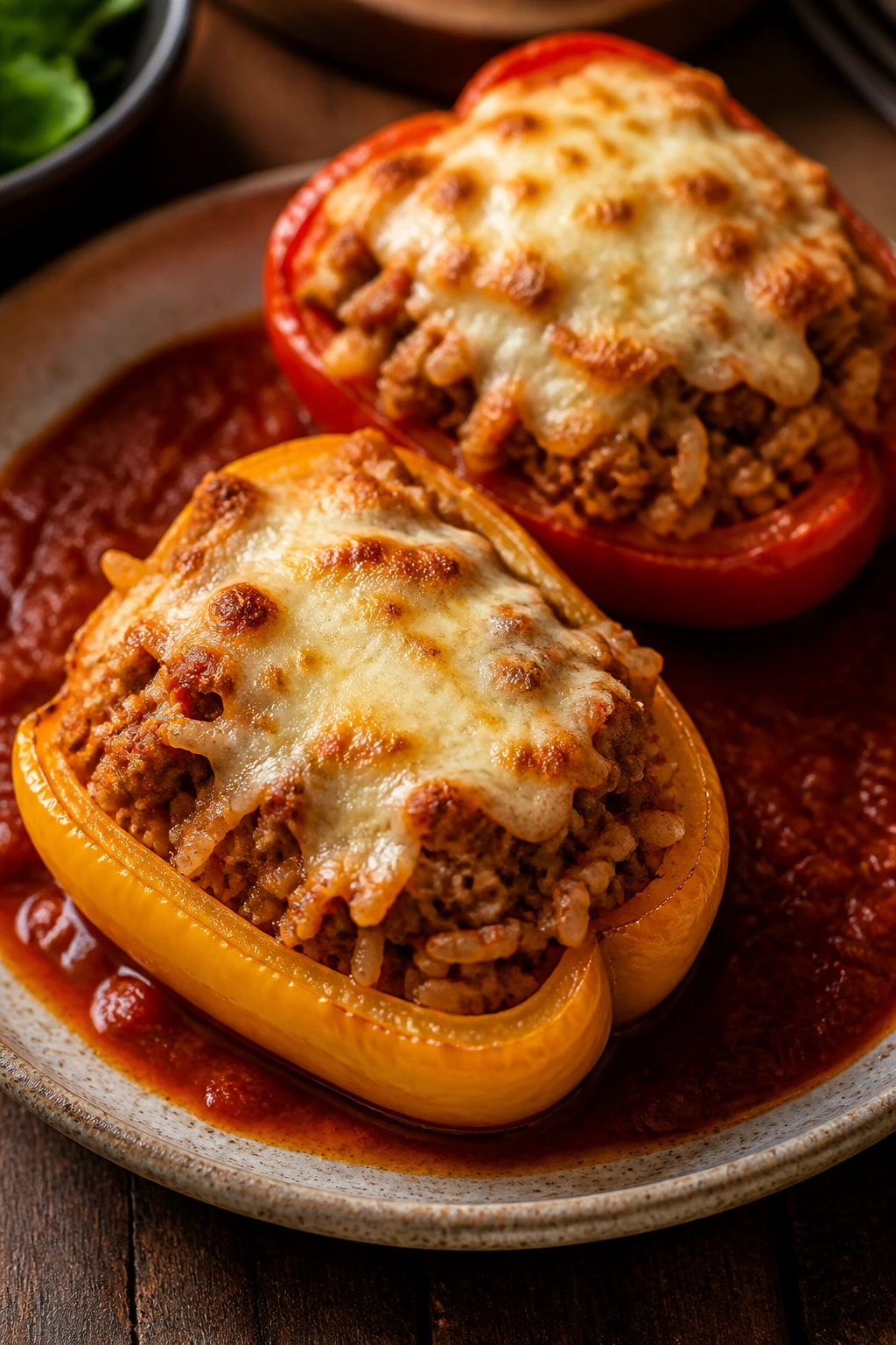 Close-up of stuffed peppers with turkey rice filling and melted mozzarella