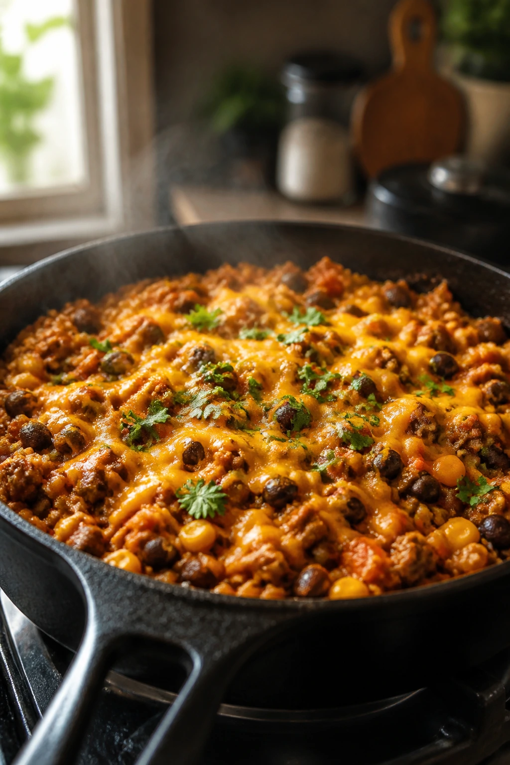 Close-up of turkey taco rice skillet steaming in a home kitchen.