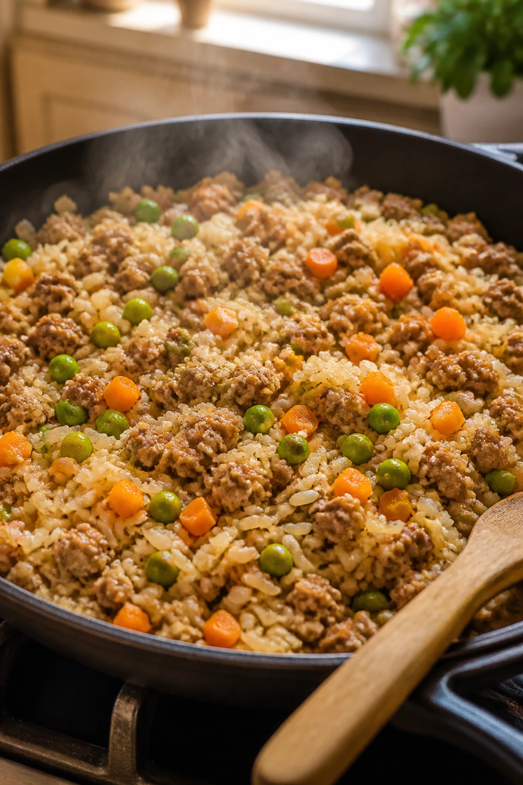 Skillet of turkey and rice with veggies
