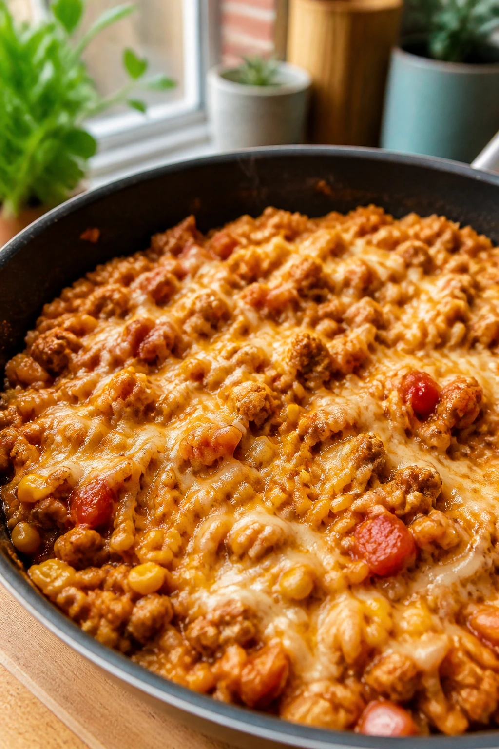 Medium-close shot of a turkey taco rice skillet in a cozy kitchen