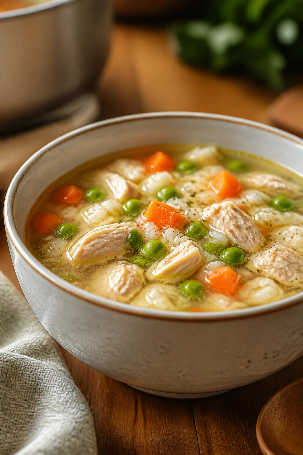 Steaming turkey rice soup in a bowl with rice and veggies
