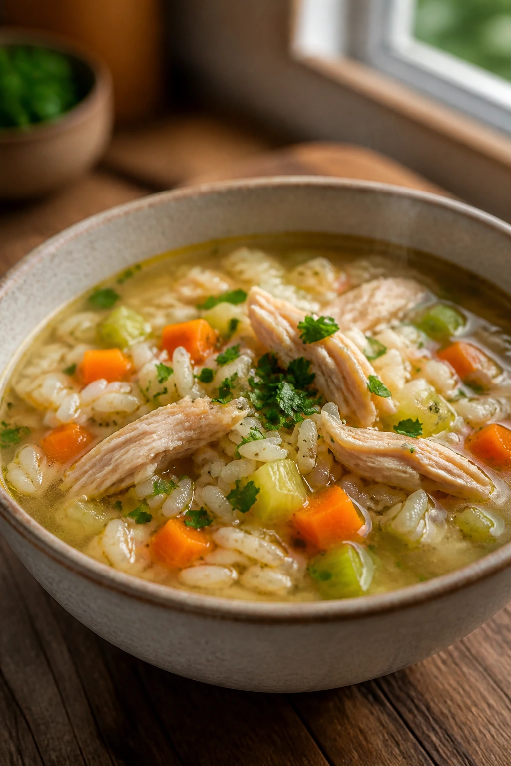 Turkey Rice Soup bowl with rice and turkey on a wooden table