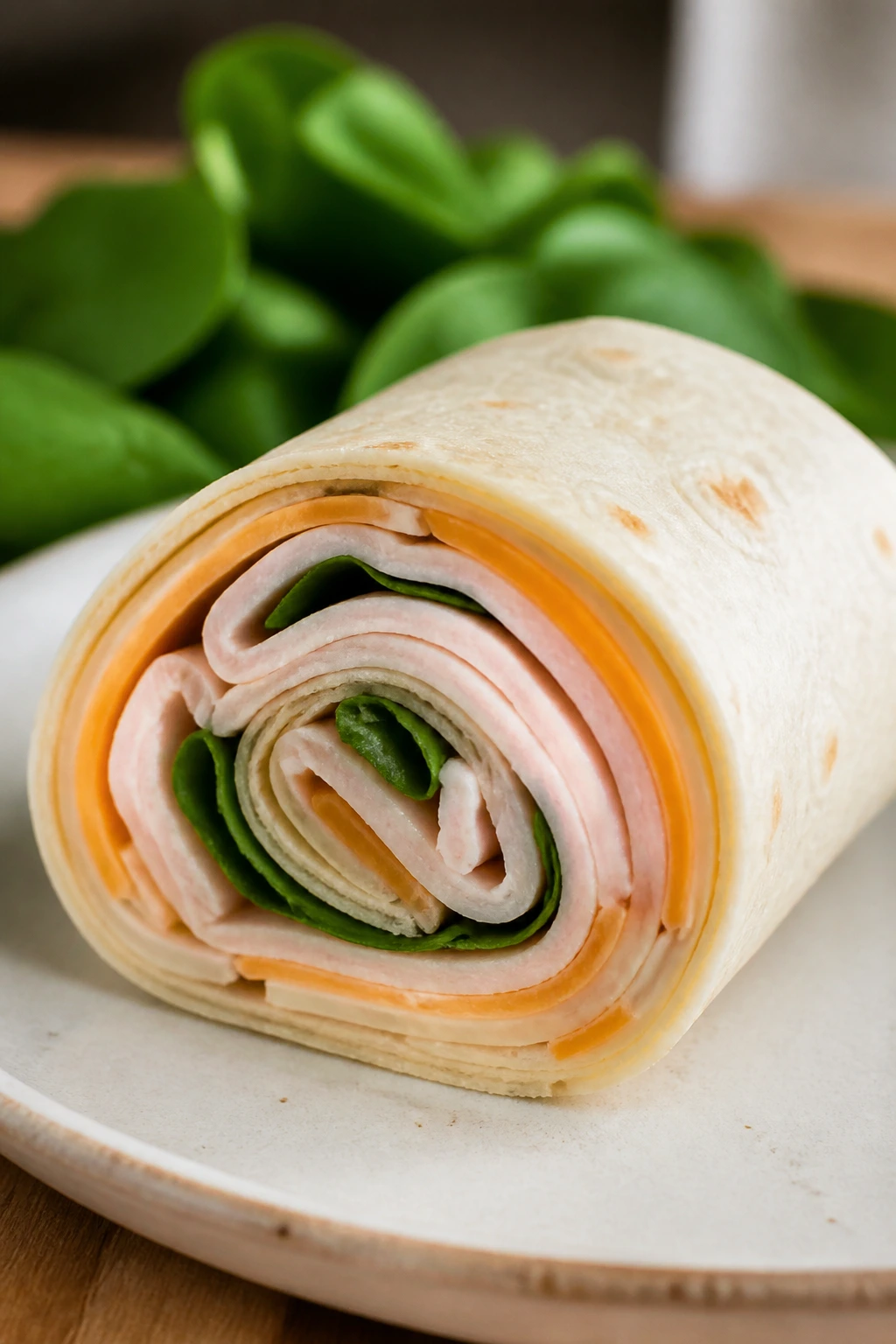 Rolled turkey and cheese roll-ups sliced on plate in kitchen