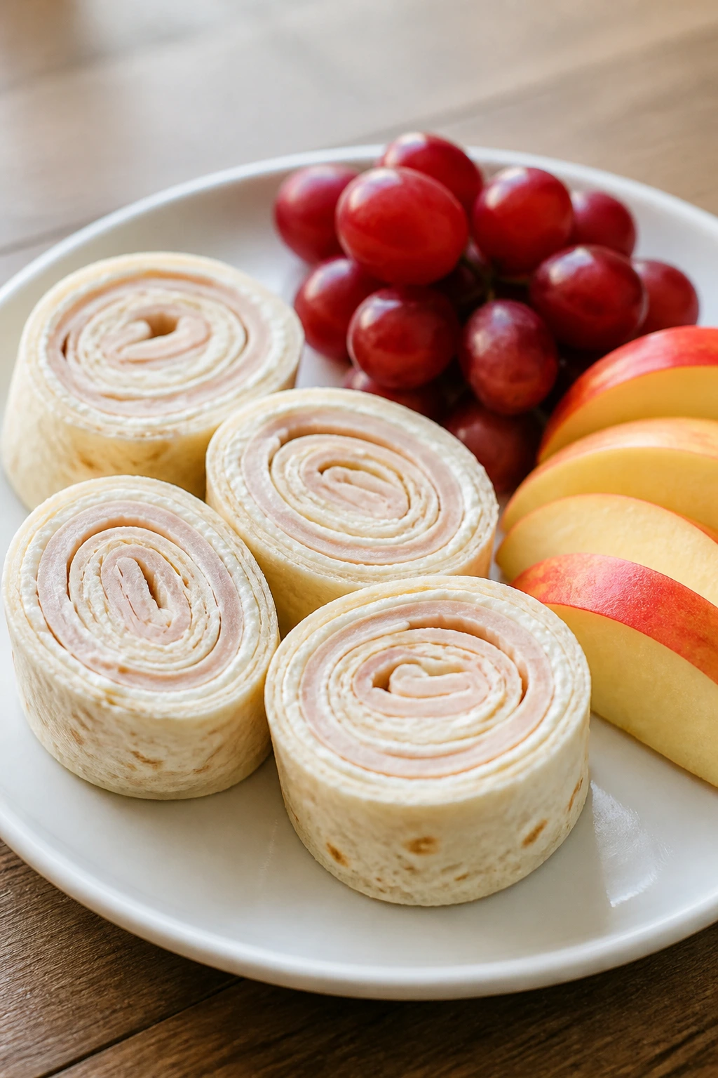 Close-up of turkey roll-ups with grapes and apple slices on a plate