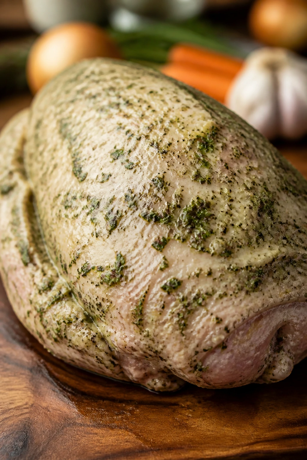 Herb-rubbed turkey breast ready for cooking in a kitchen