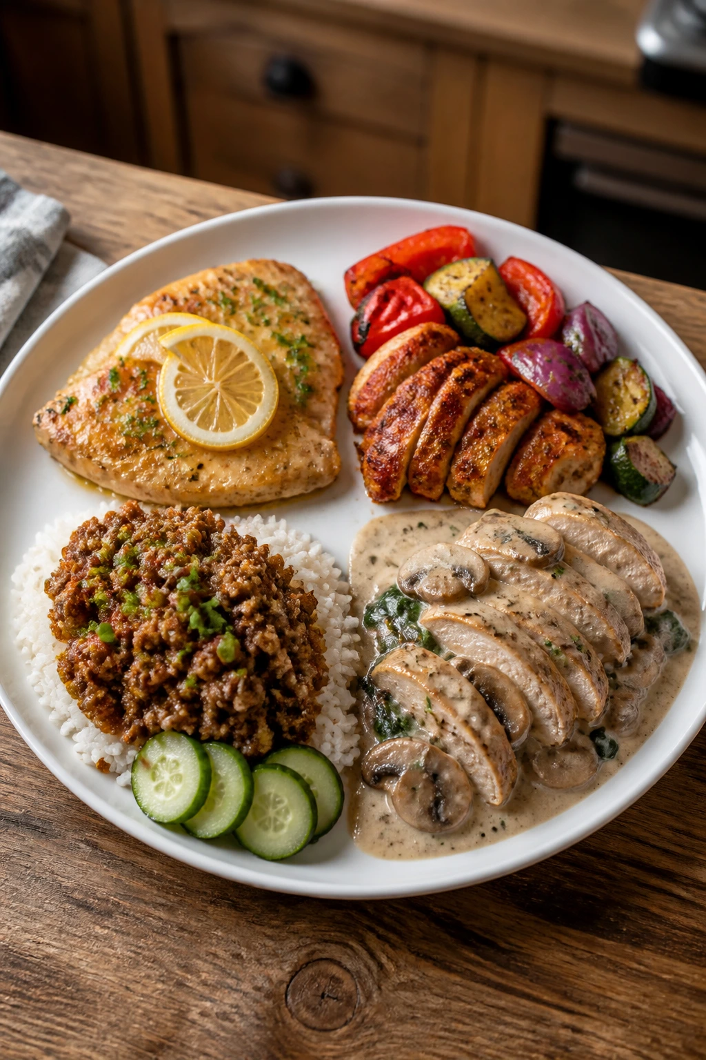 Sampler plate with four turkey variations on a kitchen counter