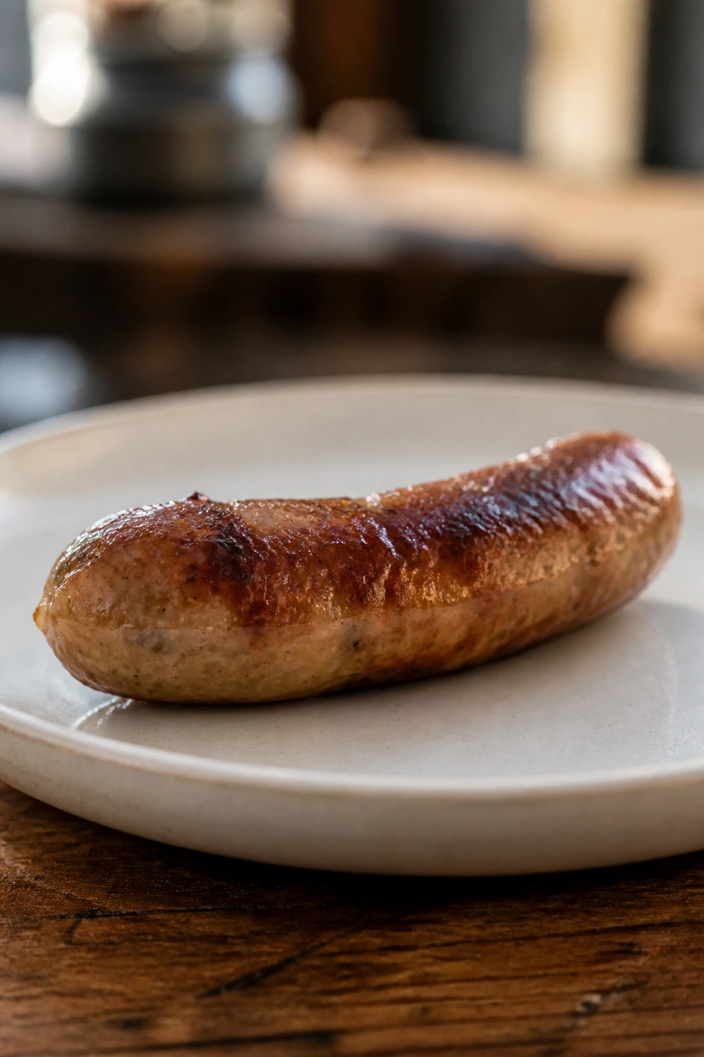 Close-up of a cooked turkey sausage on a plate in a warm kitchen