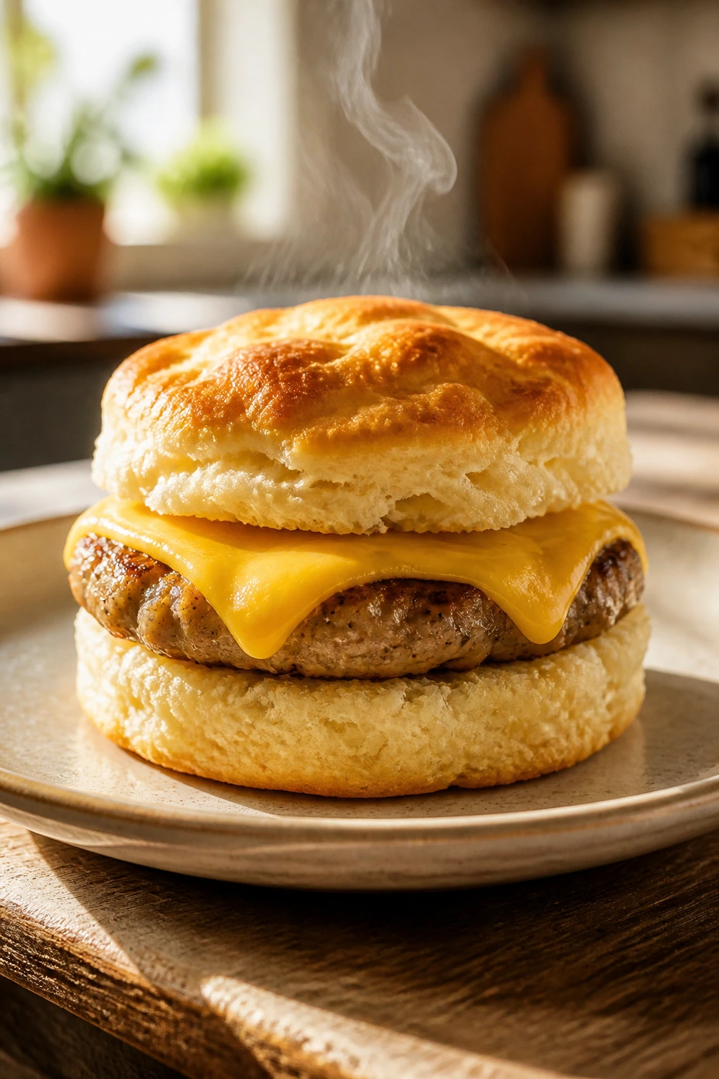 Close-up of a warm turkey sausage biscuit sandwich on a plate with melted cheese