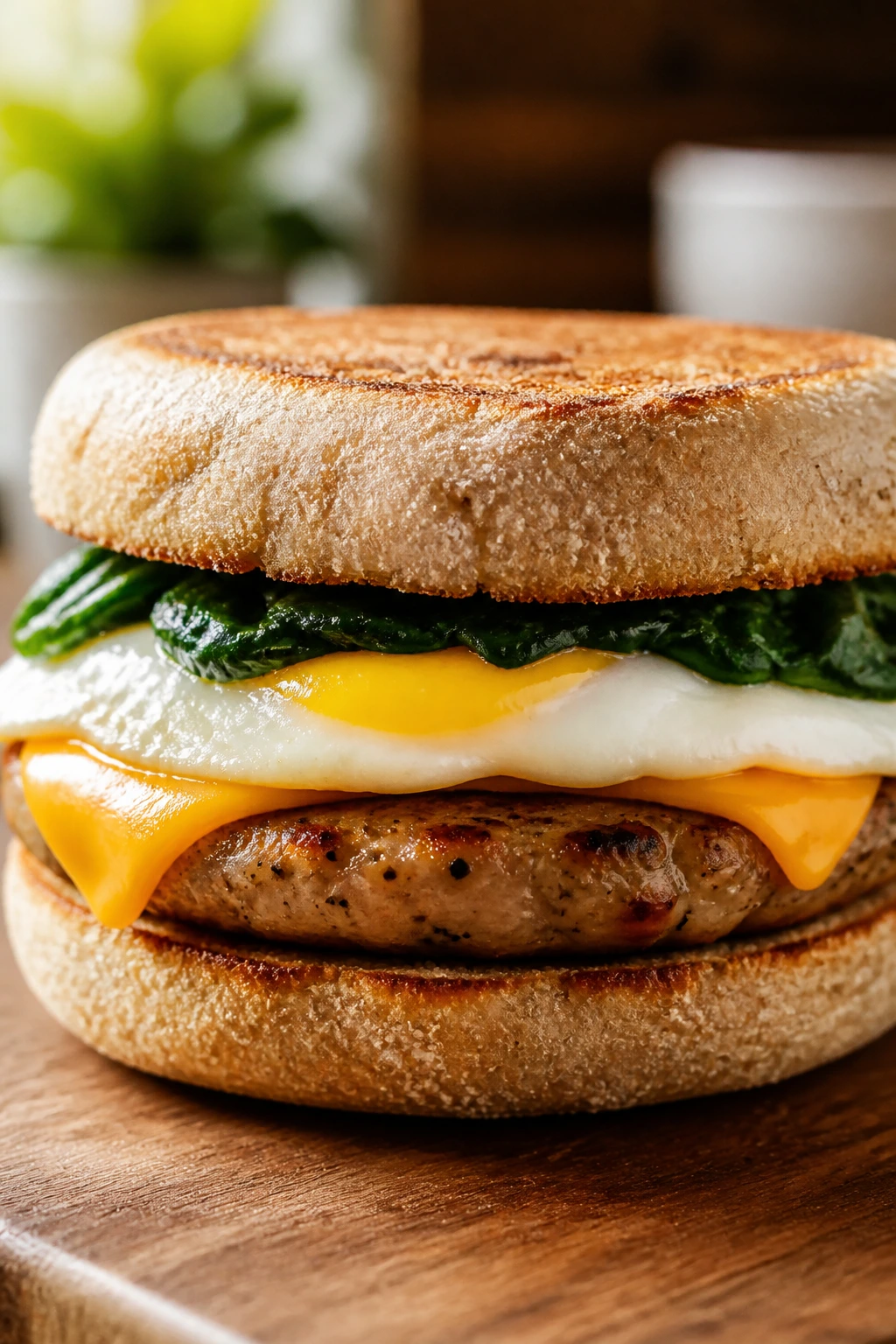 Close-up of a turkey sausage breakfast sandwich on a toasted whole-grain English muffin