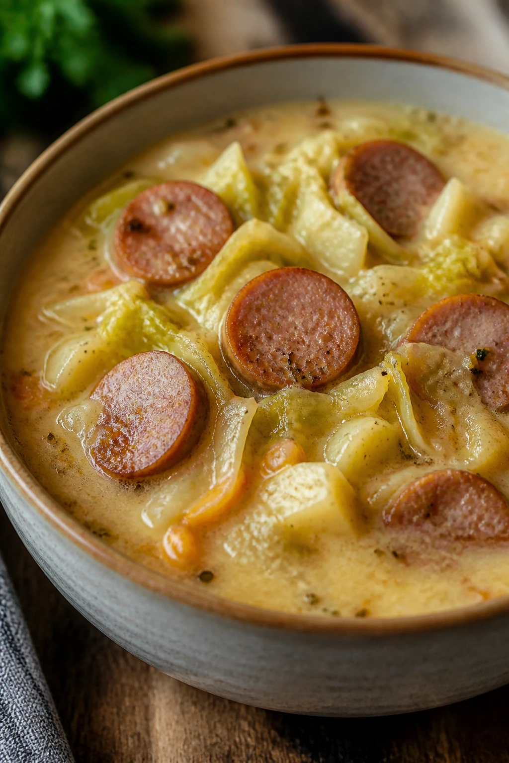 Close-up of turkey sausage and cabbage chowder in a bowl on a kitchen counter.