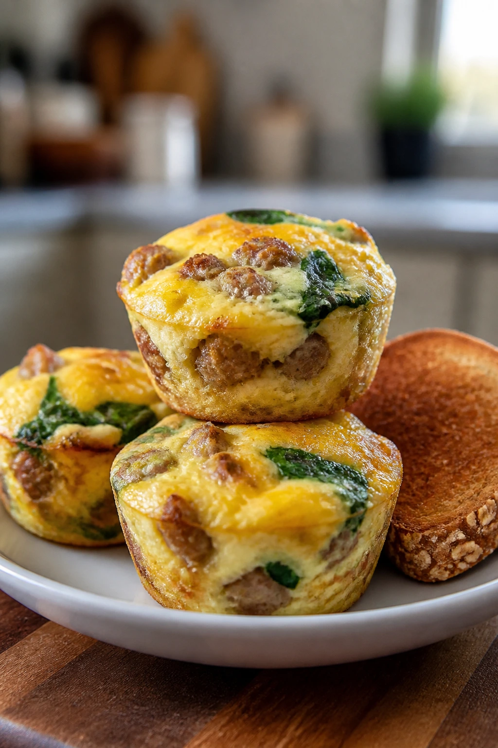Egg muffins with turkey sausage and toast on a plate