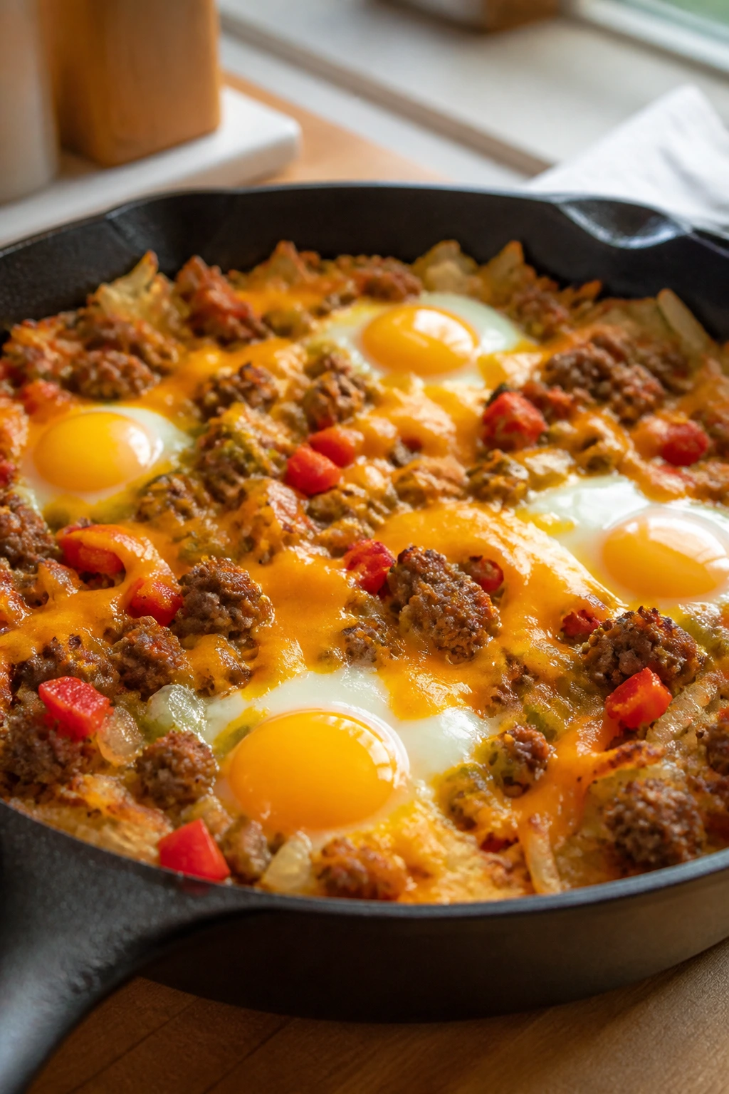Close-up of a turkey sausage hash brown skillet with crispy potatoes, sausage, veggies, eggs and cheddar