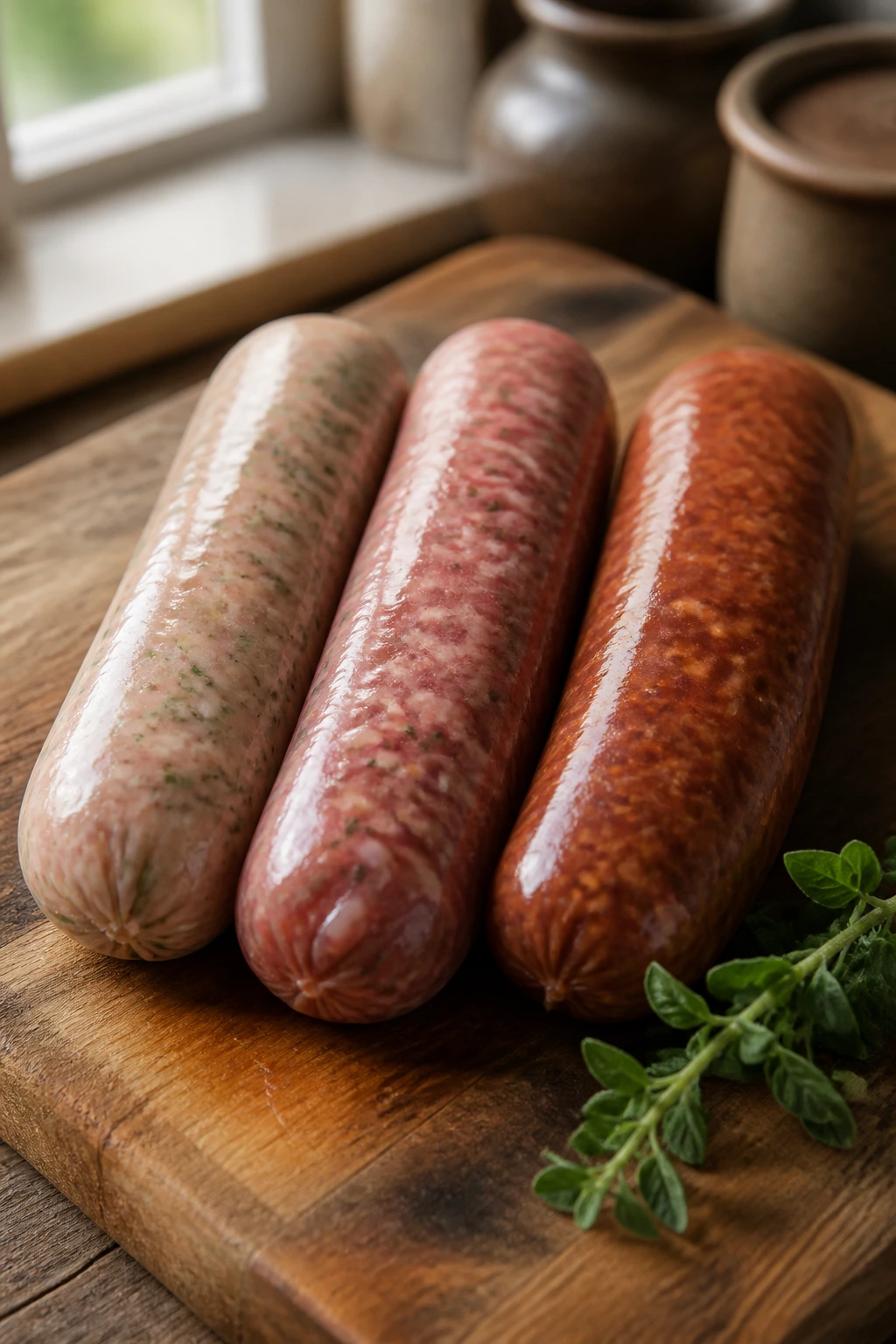 Three types of raw sausages turkey Italian smoked on wood board