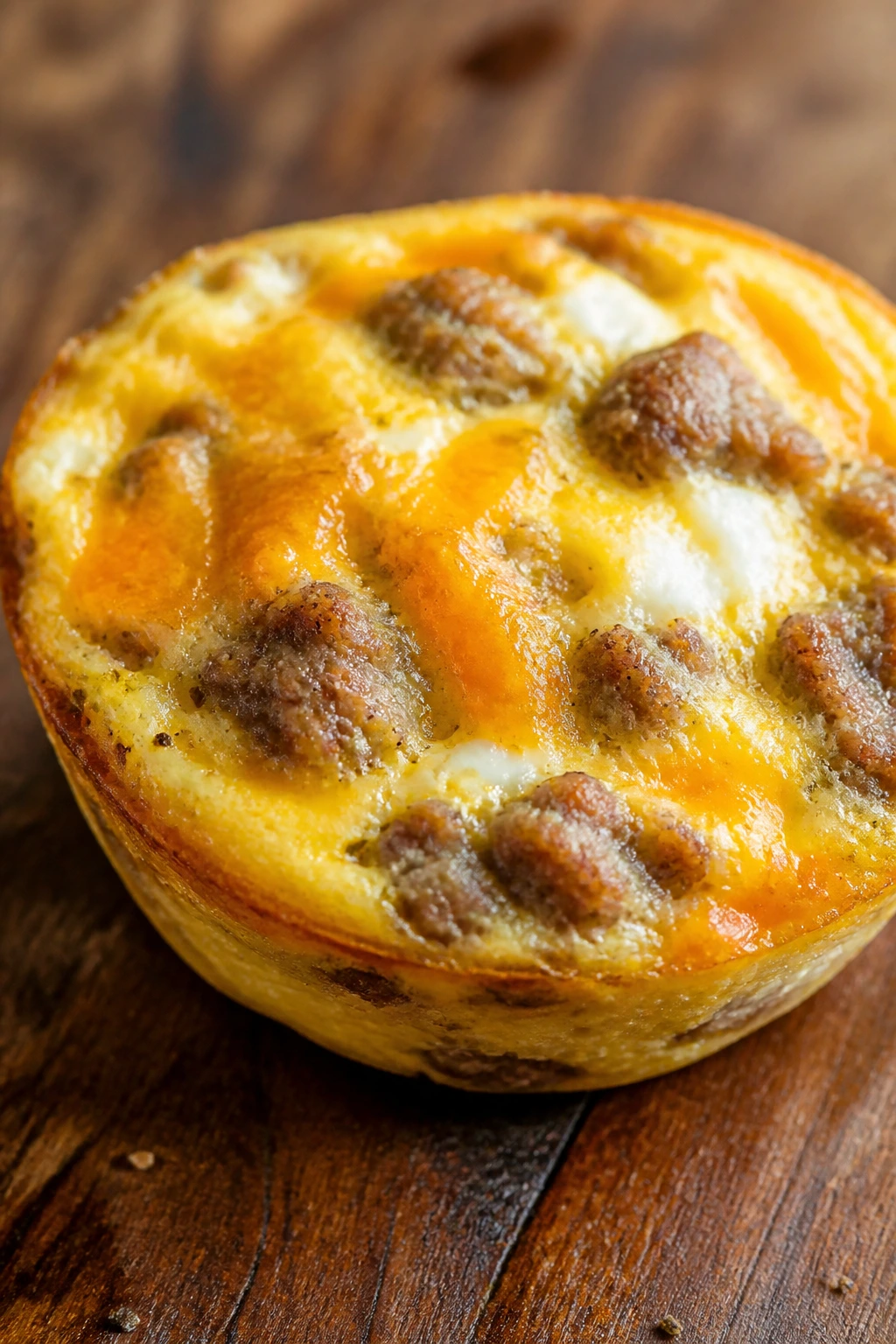 Close-up of a golden turkey sausage egg muffin on a wooden board