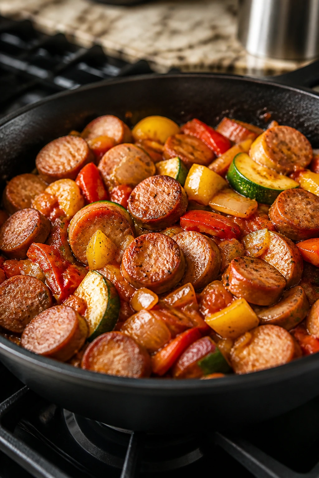 Sizzling turkey sausage with peppers and zucchini in a skillet