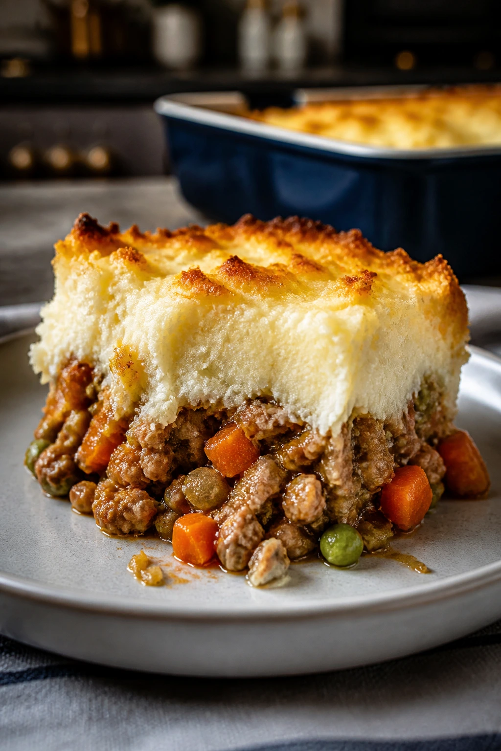 Slice of turkey shepherd’s pie with cauliflower mash topping on a plate