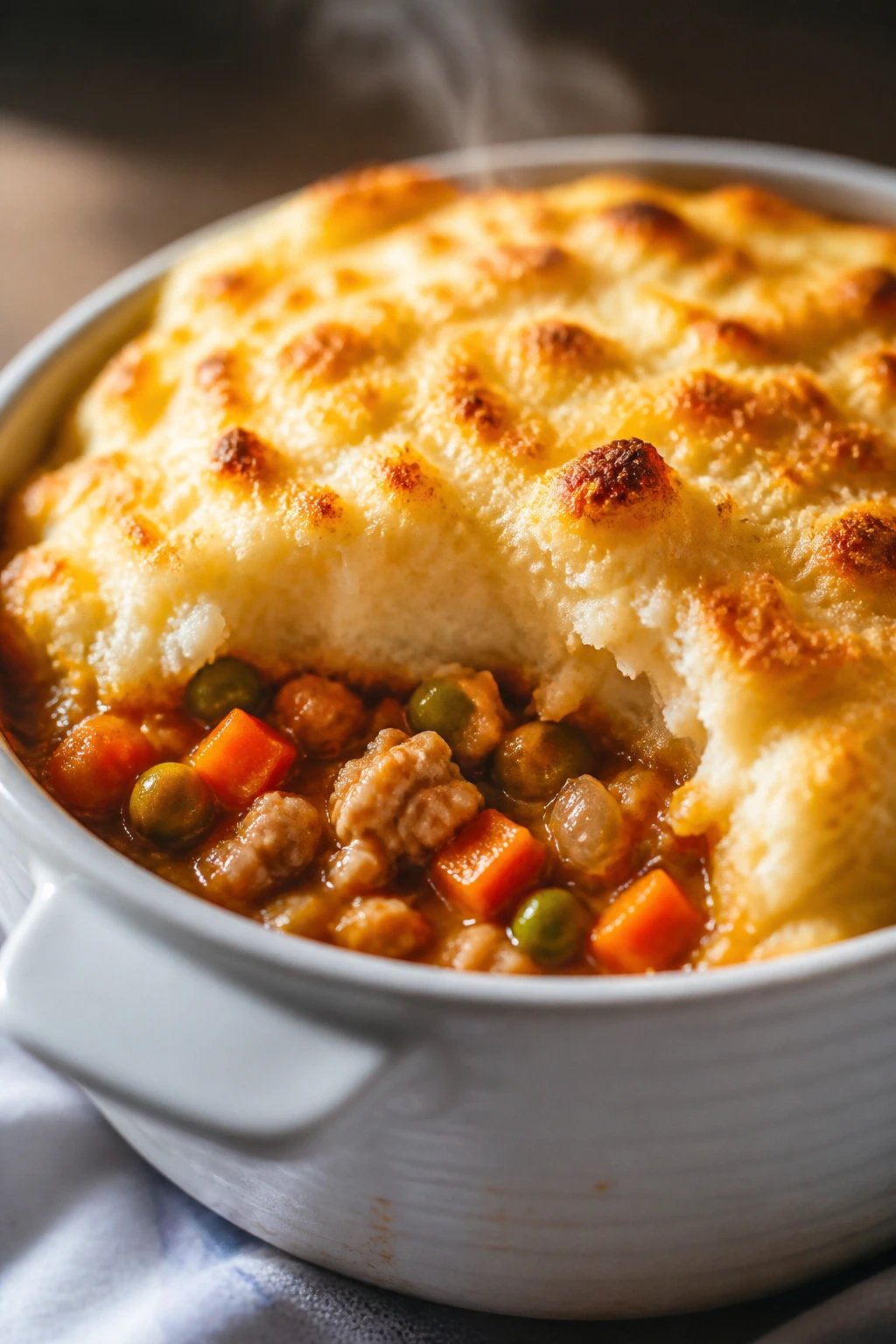 Close-up of turkey shepherd's pie with cauliflower mash in a ceramic dish
