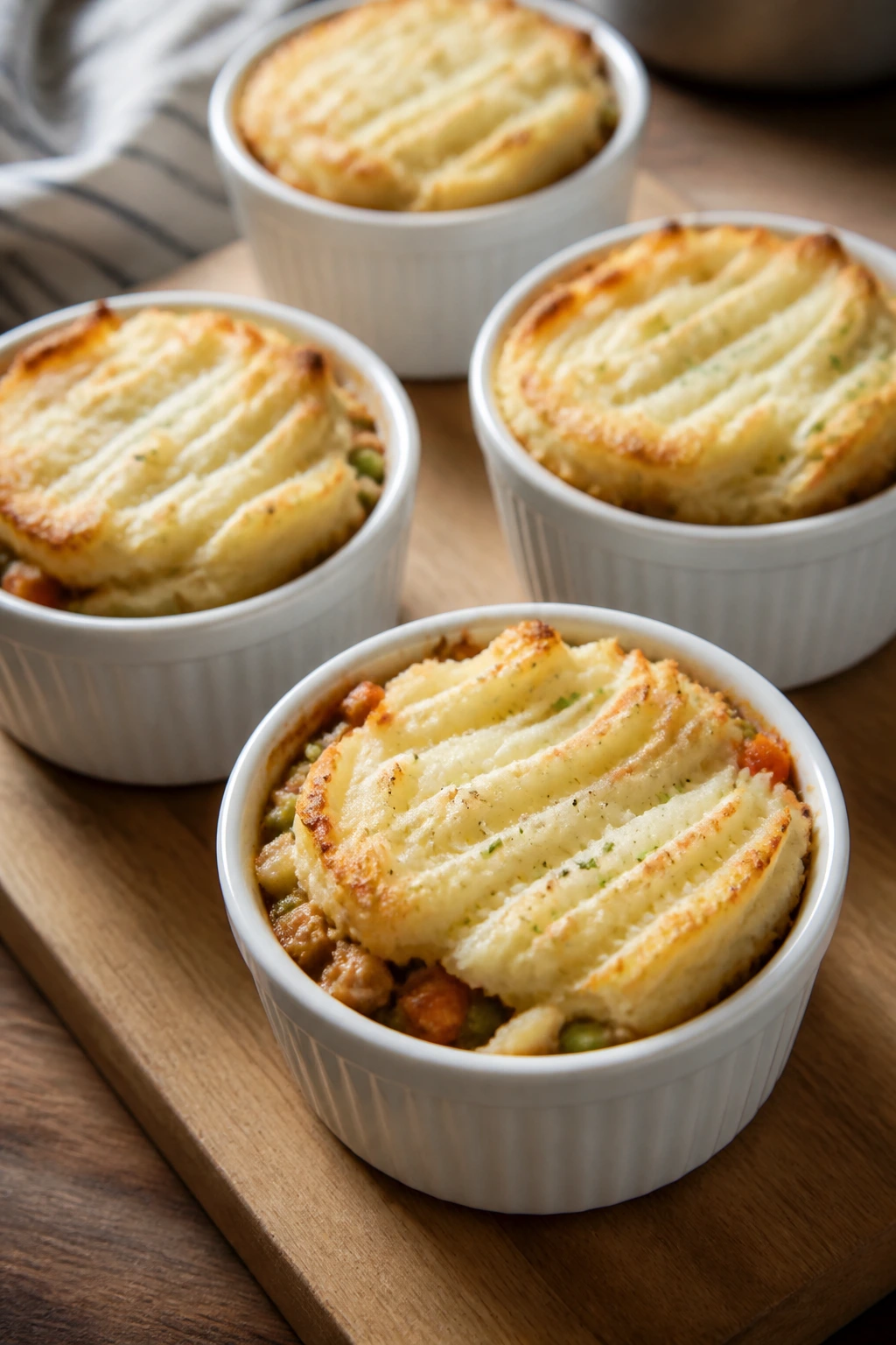 Four mini turkey shepherds pies in ramekins on a wooden board
