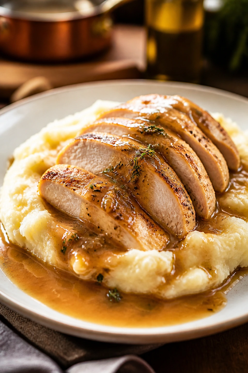 Plate of sliced turkey with mashed potatoes and pan sauce in a cozy kitchen