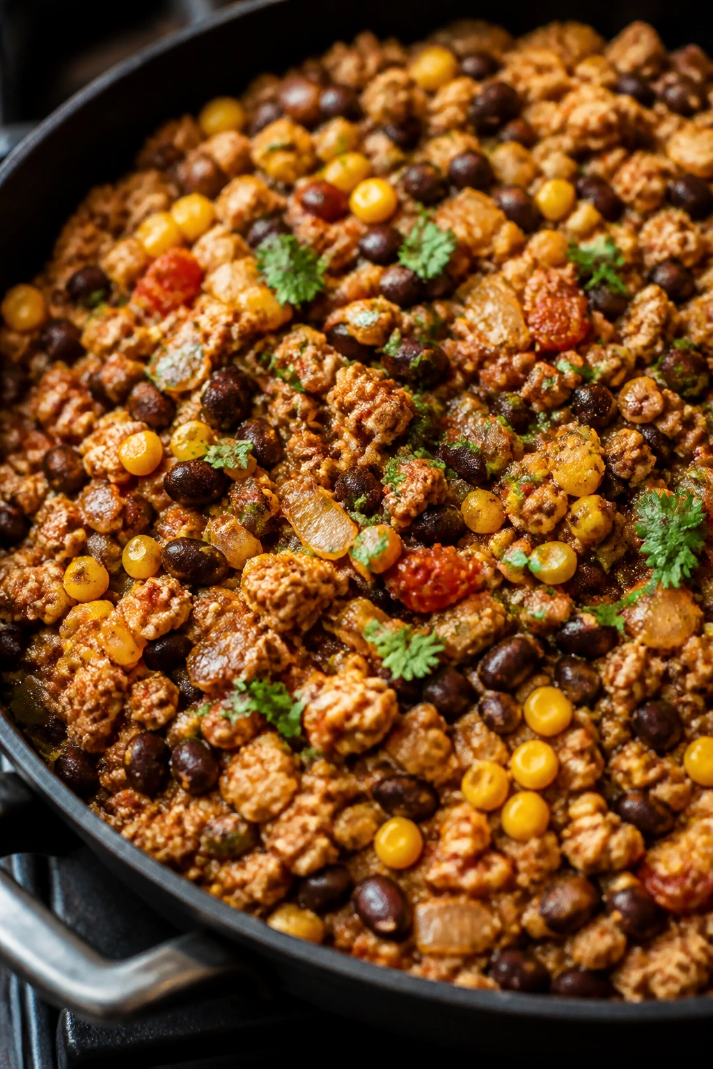 Skillet with turkey, beans, and corn for taco bowls